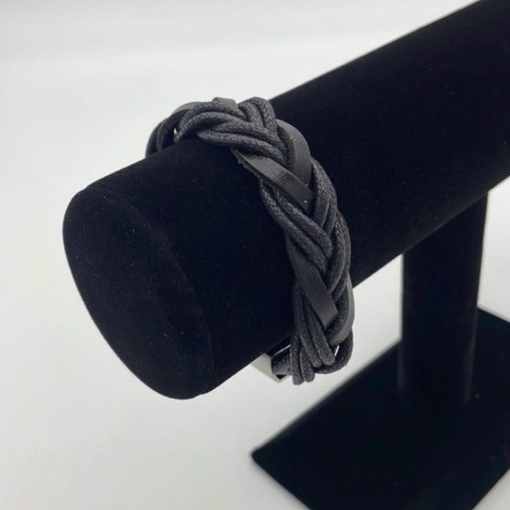 Black Braided Leather and Stainless Steel Bracelet